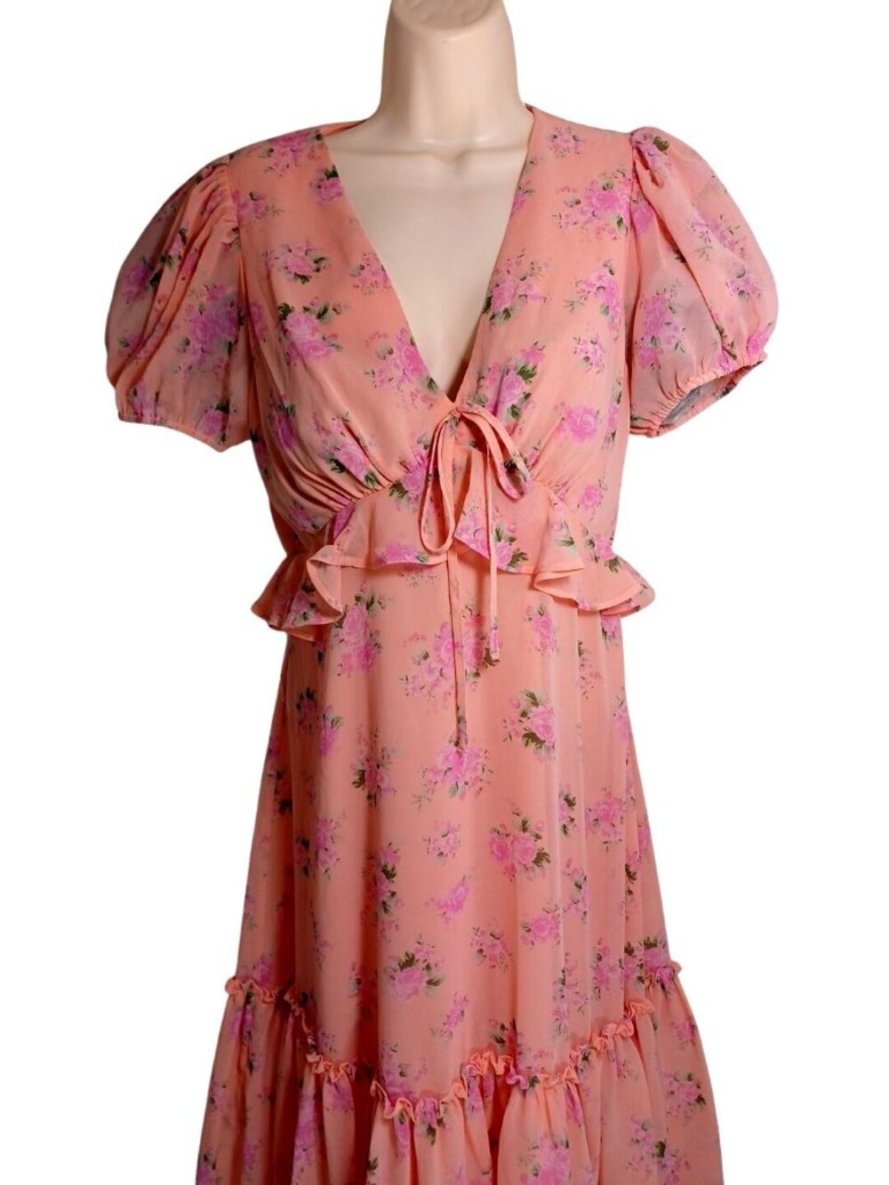 Loveshack Fancy Sz 6 Pink Rose Floral Chiffon Dress Cottage Core Boho Coquette - Picture 7 of 13